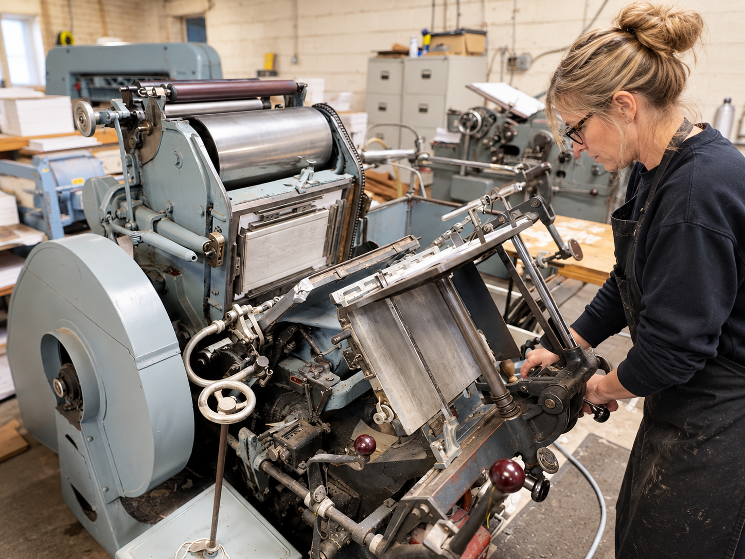 Craftswoman operating the hand controls of a vintage printing press in the Oldham workshop