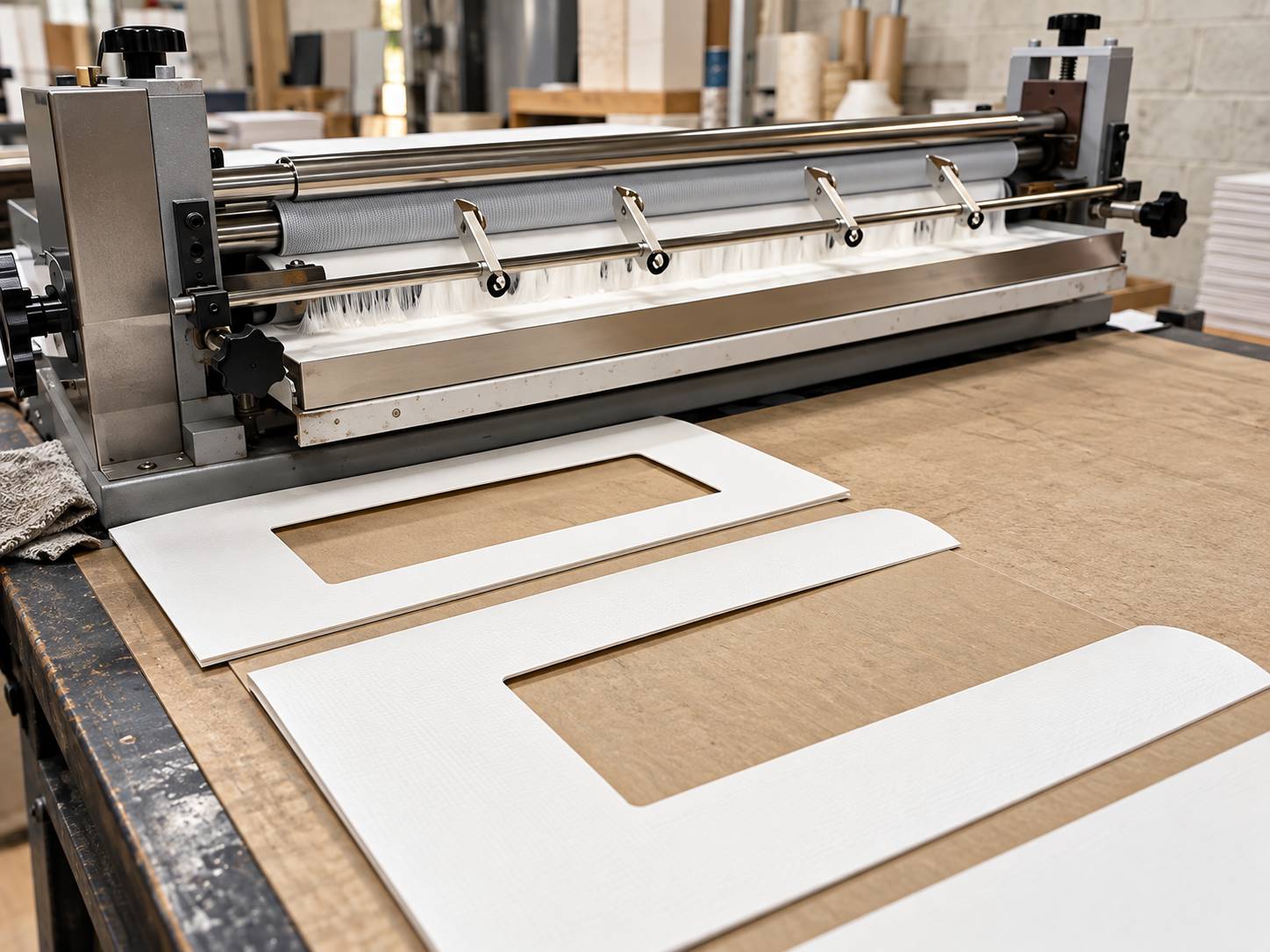 Cut window cards laid out on the bench beside the glue roller, ready for pasting