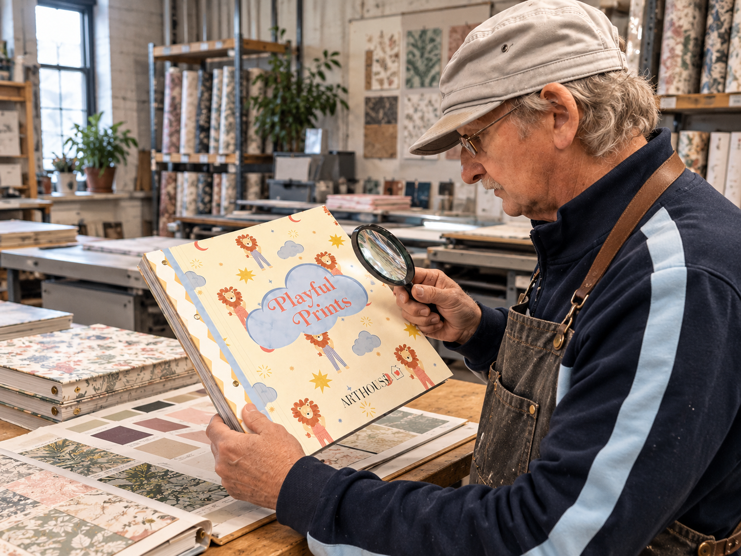 Craftsman with a magnifying glass inspecting the finished Arthouse Playful Prints sample book on the workshop bench