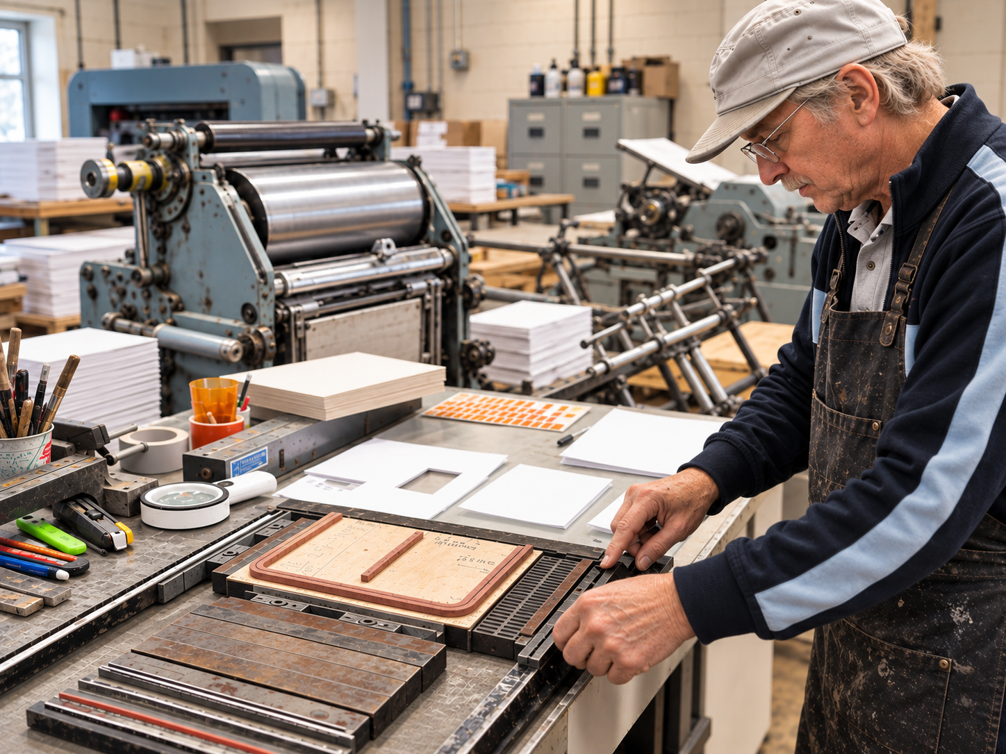 Craftsman in a cap setting up a forme on the press bed by hand, surrounded by tools and paper