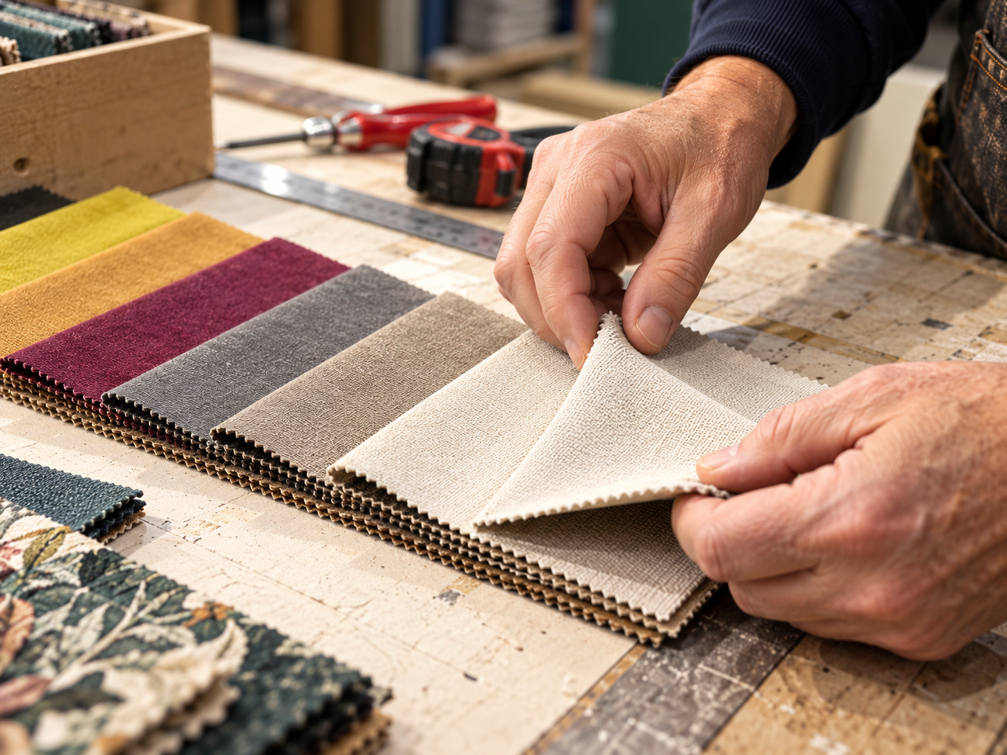 Makers inspecting a row of upholstery fabric swatches fanned across a workshop bench