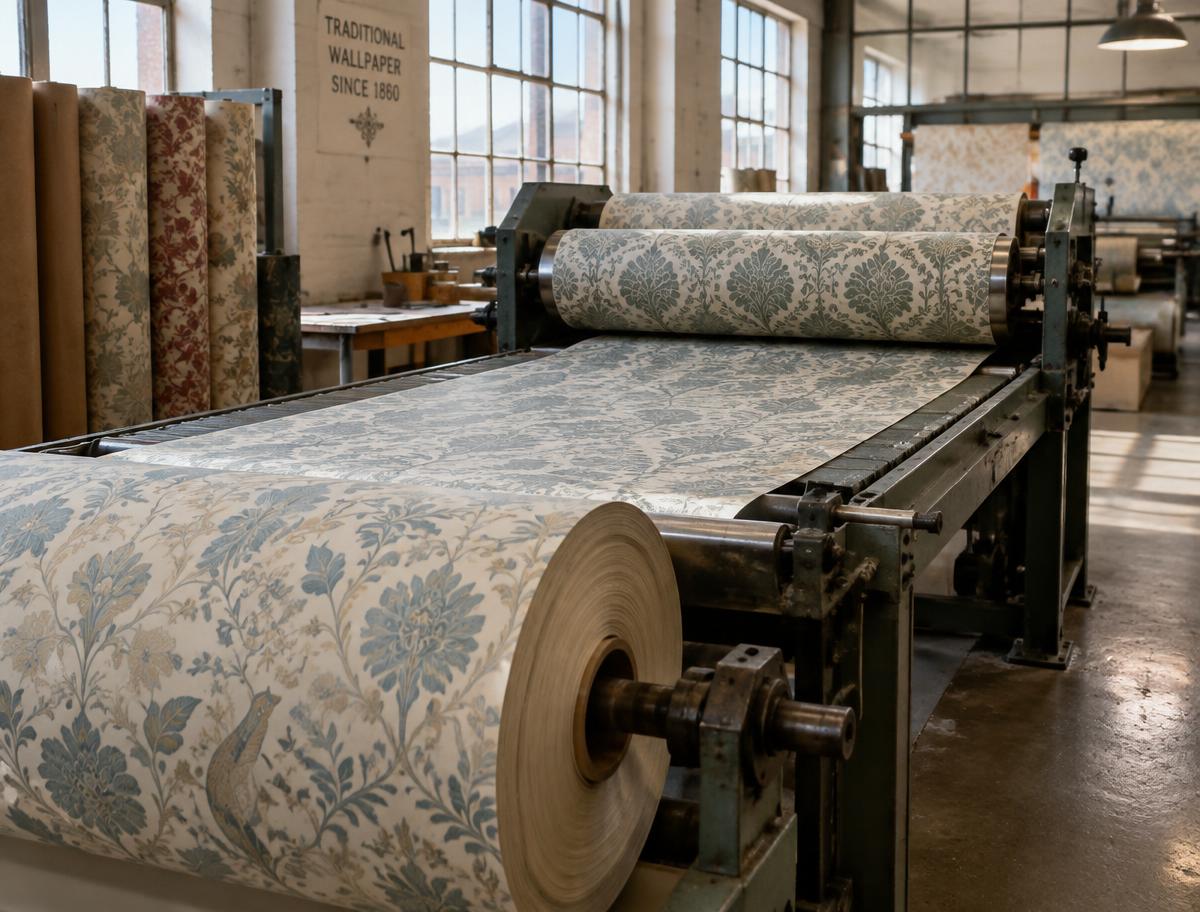 Rolls of heritage-pattern wallpaper on a production line in a traditional wallpaper factory