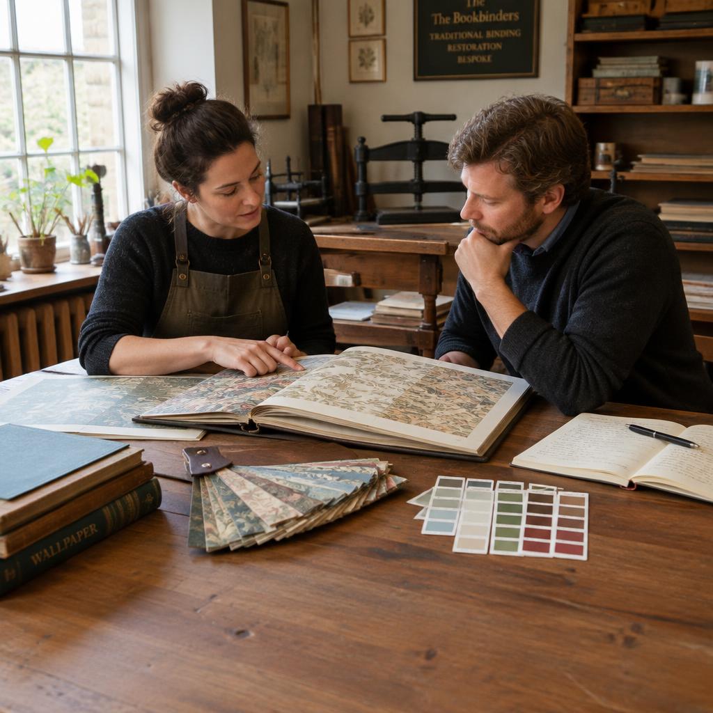 Two makers discussing an open wallpaper sample book at a worktable in the bindery