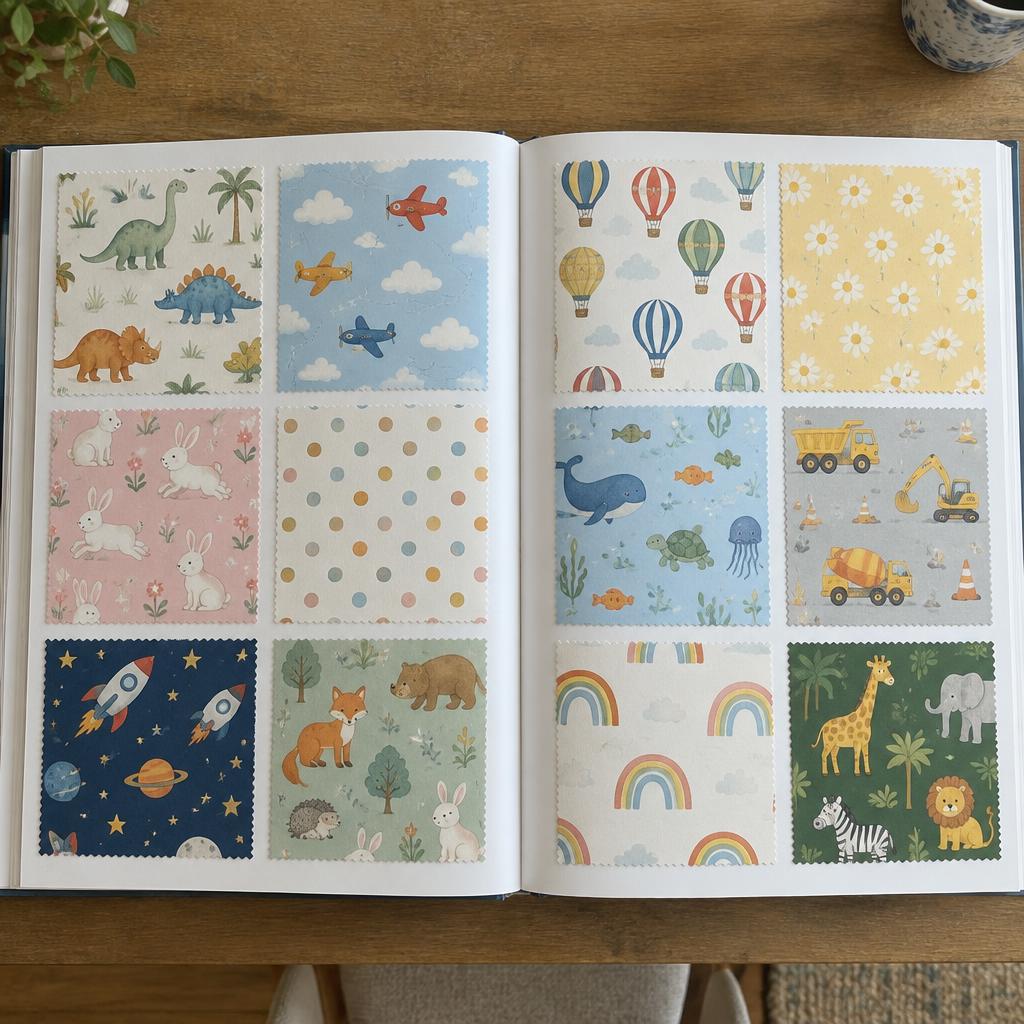 Open sample book showing twelve colourful children's wallpaper swatches