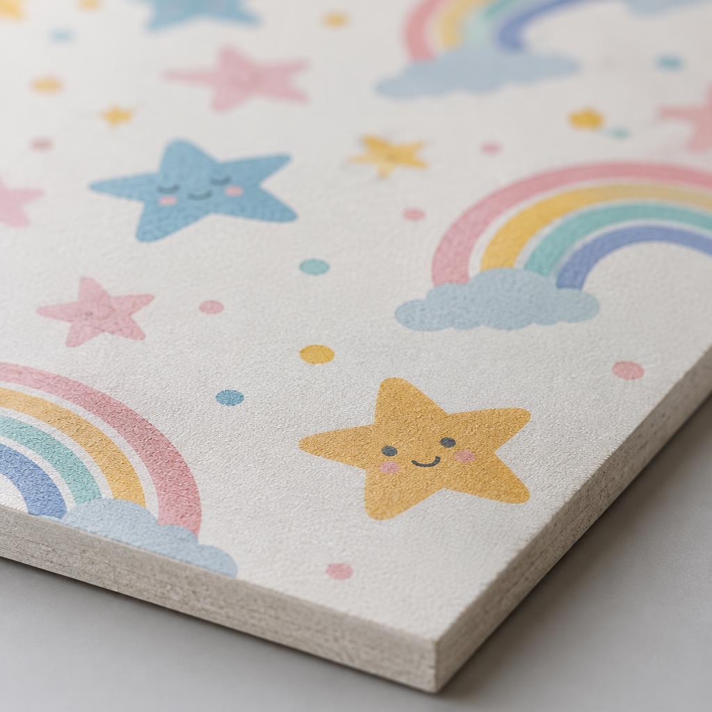 Close-up of a star and rainbow swatch mounted on board with a trimmed edge