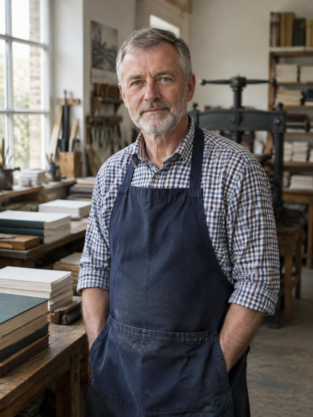 A workshop craftsman in a navy apron standing among shelves of bound sample books