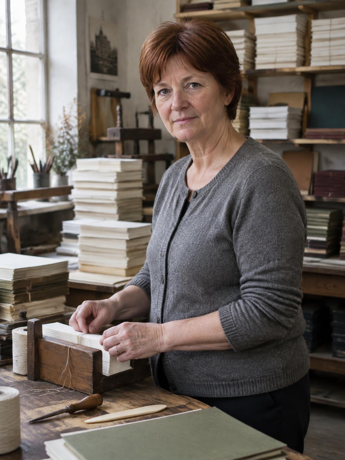 A binder at her assembly bench, sewing signatures by hand