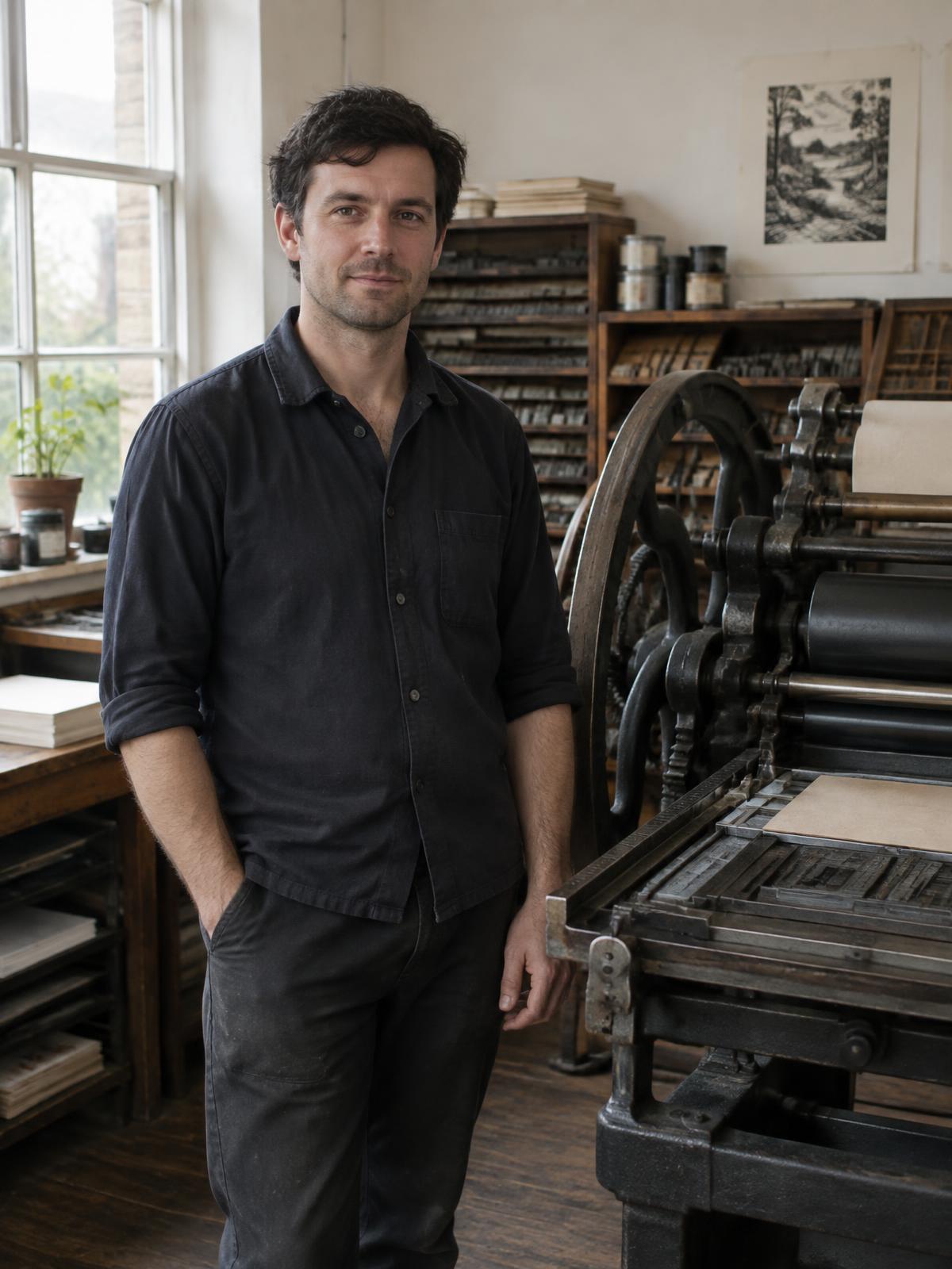 A printer standing beside a vintage Heidelberg press