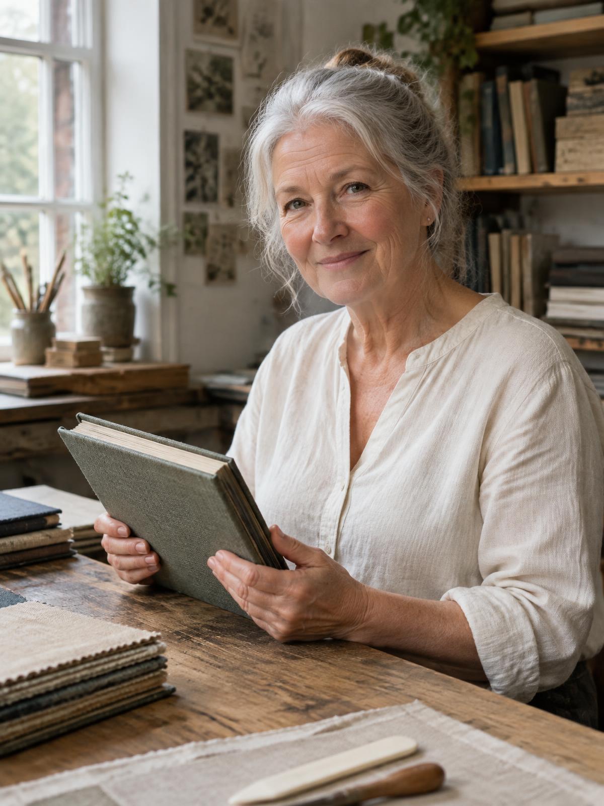 A finisher holding a completed cloth-bound sample book at her bench