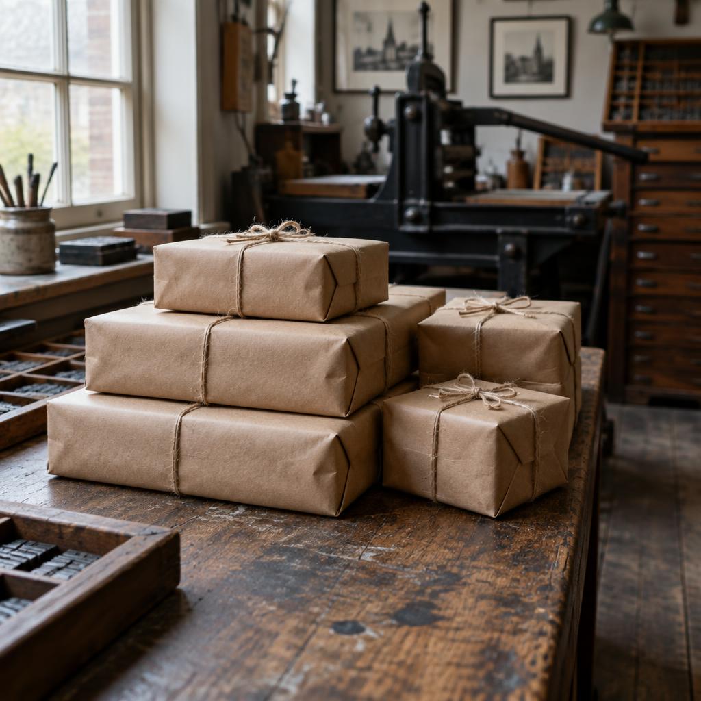Sample books wrapped in brown kraft paper and tied with string, stacked on the workshop bench