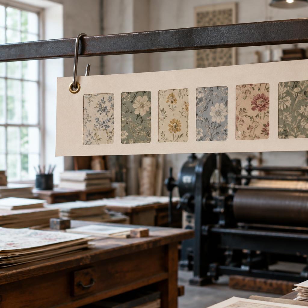 Hanging header card with die-cut wallpaper swatch windows and a brass eyelet, hung from a workshop display rail