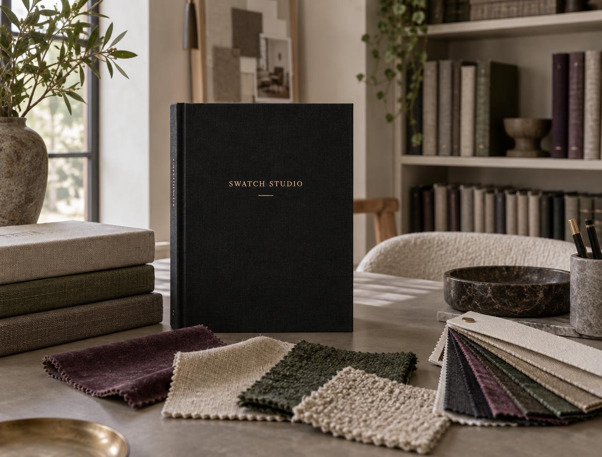 A closed fabric swatch book with gold embossed lettering on its cover, standing on a designer's desk beside loose upholstery swatches