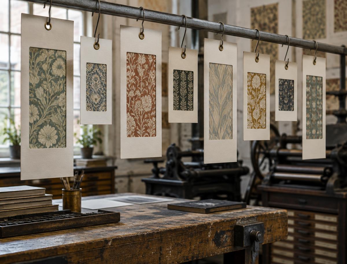 Hanging header cards with die-cut wallpaper windows, hung from a display rail in the workshop